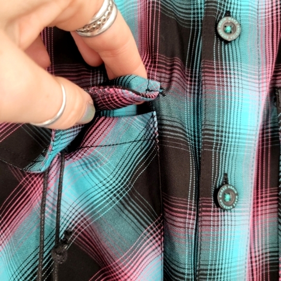 DIXXON Shreddy Bamboo Short Sleeve Plaid Button Up Blue, Pink - Picture 6 of 15